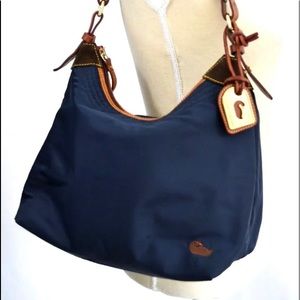 Dooney & Bourke Navy Blue Nylon Tan Leather Zip Tote Shoulder Bag Duck Good cond
